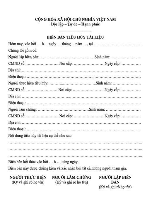 Biên bản huỷ tài liệu Biên bản huỷ tài liệu